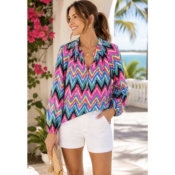 Lilly Pulitzer Tops - Lilly Pulitzer 100% Silk Multicolor Zigzag Ikat Print Resort Blouse Small